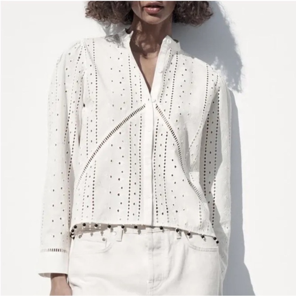 ZARA boho beaded openwork (eyelet) cotton shirt